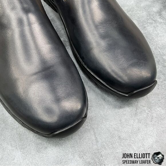JOHN ELLIOTT SPEEDWAY LEATHER LOAFERS IN BLACK BUFFED CALFSKIN MEN’S LUXURY SHOE - Picture 10 of 16